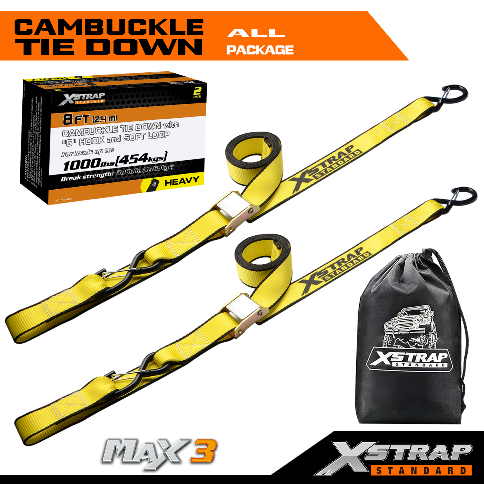 XSTRAP Sangles d'arrimage pour moto 1,5 po X 8 pieds Ensemble d'arrimage à boucle cambuckle