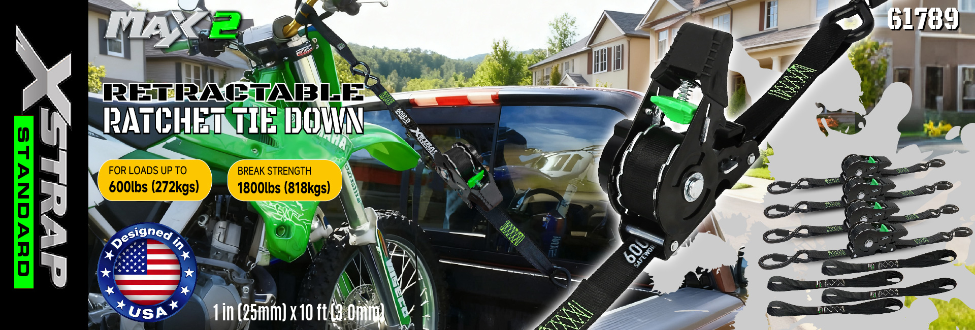 Xstrap 61789 Sangles d'arrimage à cliquet rétractables 1 po x 10 pieds Attaches sécurisées pour moto Jetski Kayak Résistance à la rupture 1 500 LBS/680 KG