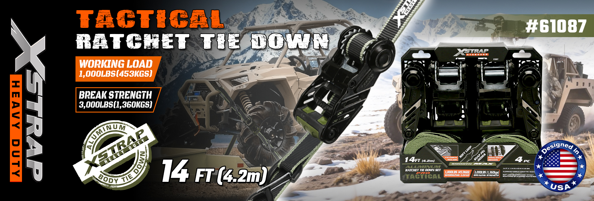 Xstrap 61087 Sangles d'arrimage tactiques à cliquet 3,2 cm x 3,7 m, 1 000 lb SWL