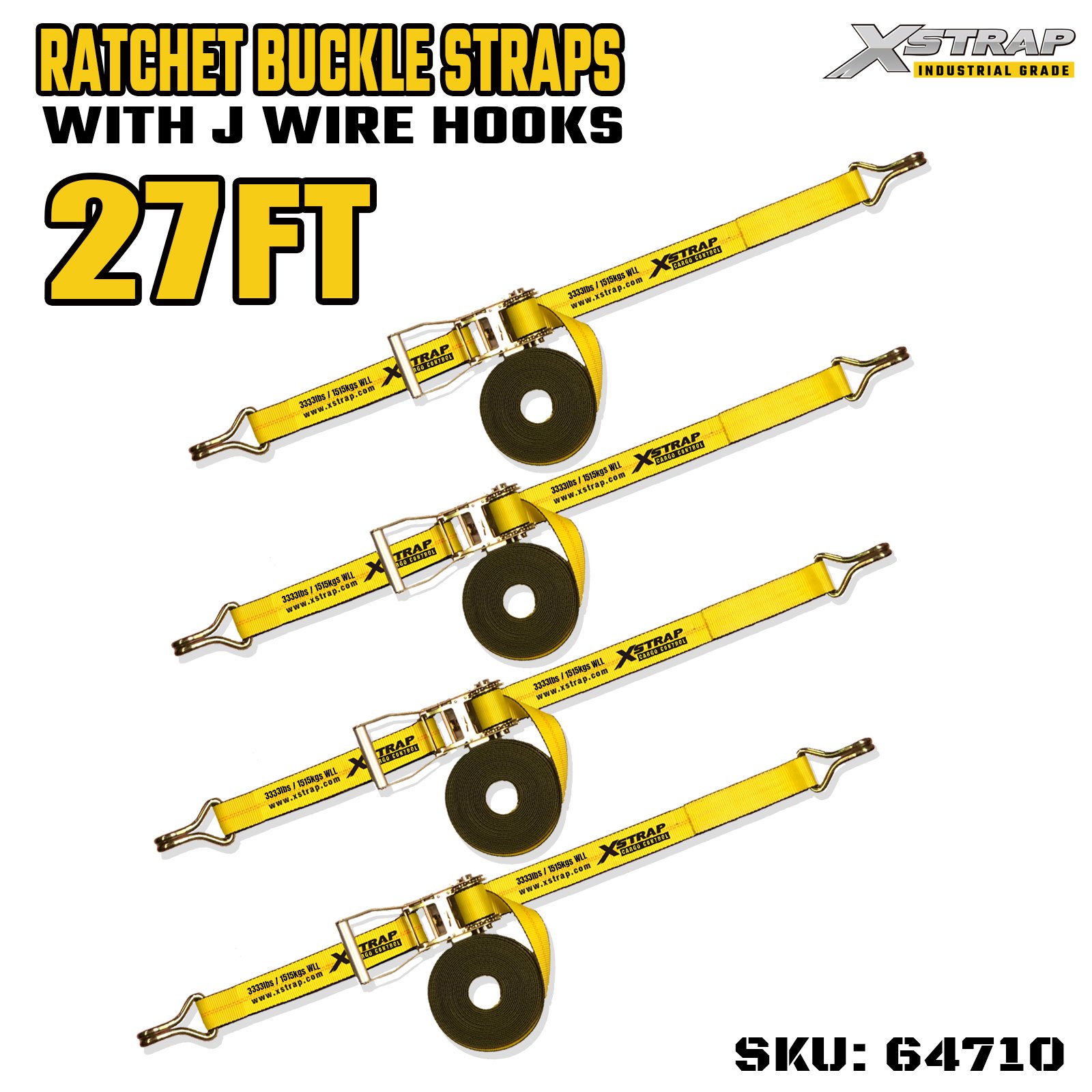 Xstrap 64710 Sangles à boucle à cliquet avec poignée large de 5,1 cm, 27 pieds de long, avec crochets métalliques, résistance à la rupture 10 000 lb (paquet de 4)