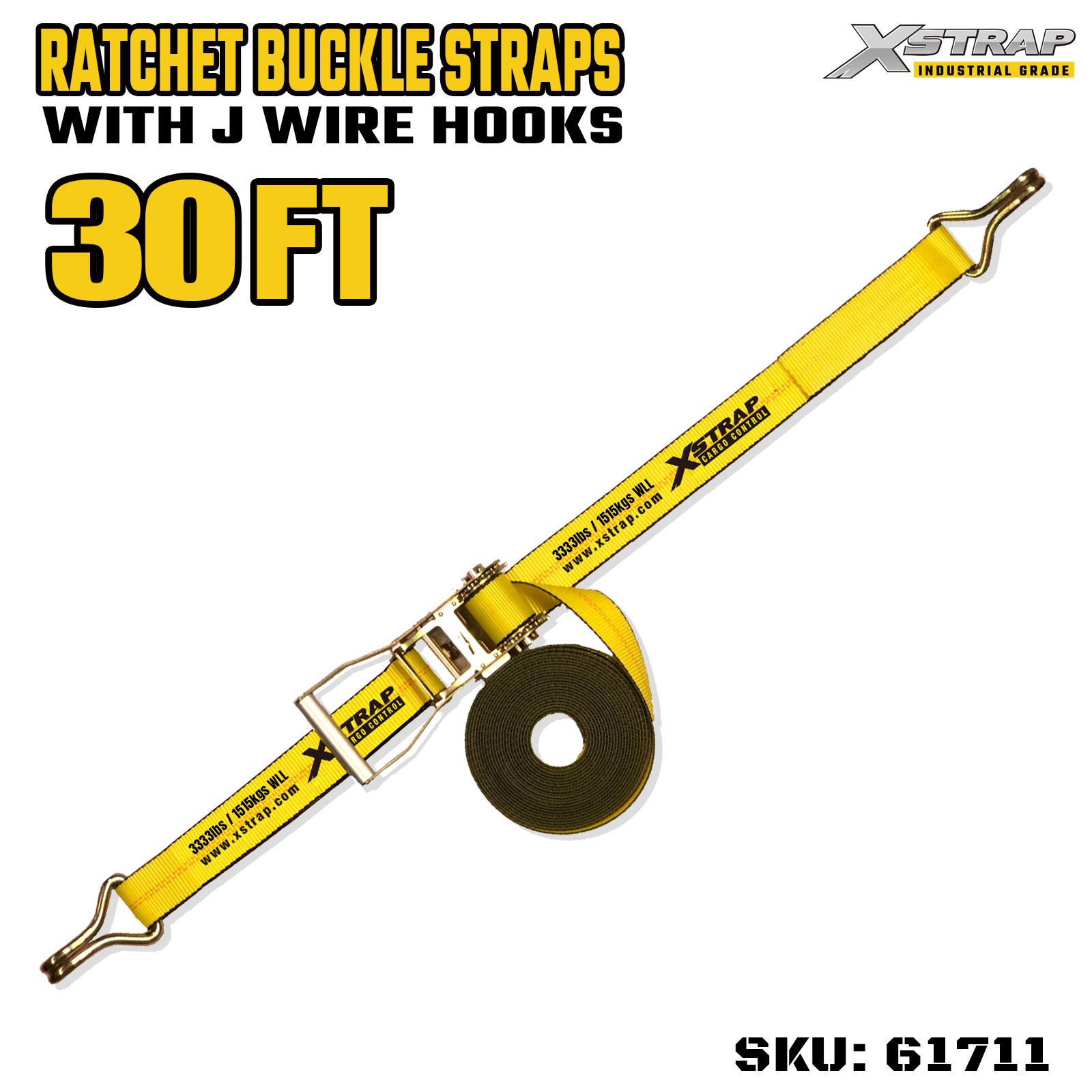 Xstrap 61711 Sangles à boucle à cliquet avec poignée large de 5,1 cm et 9,1 m de long avec crochets métalliques, résistance à la rupture 4,5 kg (lot de 1)