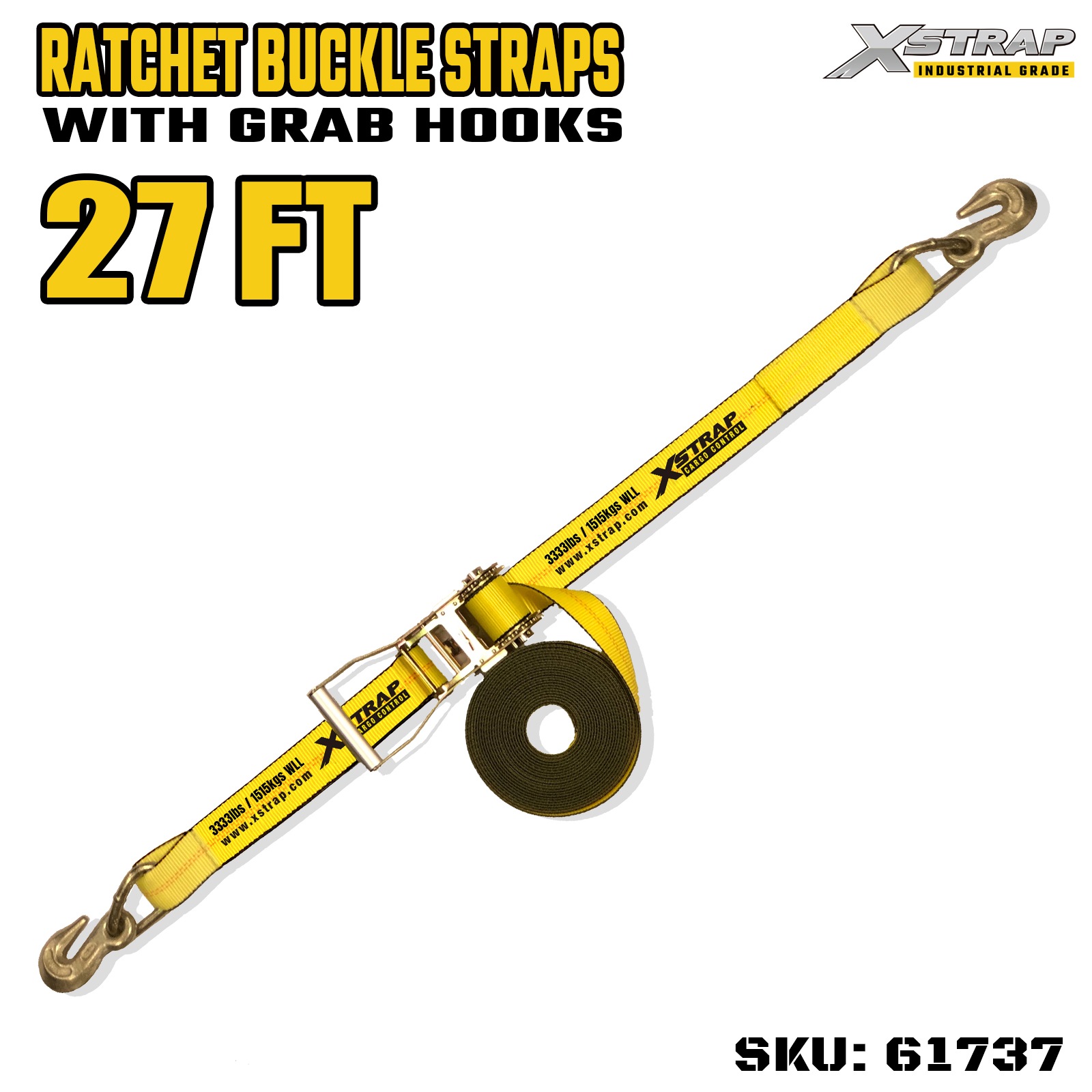 Xstrap 61737 Sangles à boucle à cliquet avec poignée large de 5,1 cm, 27 pieds de long, avec crochets en crabe, résistance à la rupture de 10 000 lb (paquet de 1)