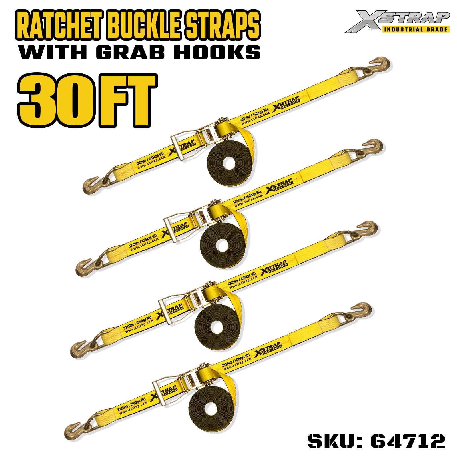 Xstrap 64712 Sangles à boucle à cliquet avec poignée large de 5,1 cm et 27 pieds de long avec crochets en crabe, résistance à la rupture de 4 500 kg (paquet de 4)