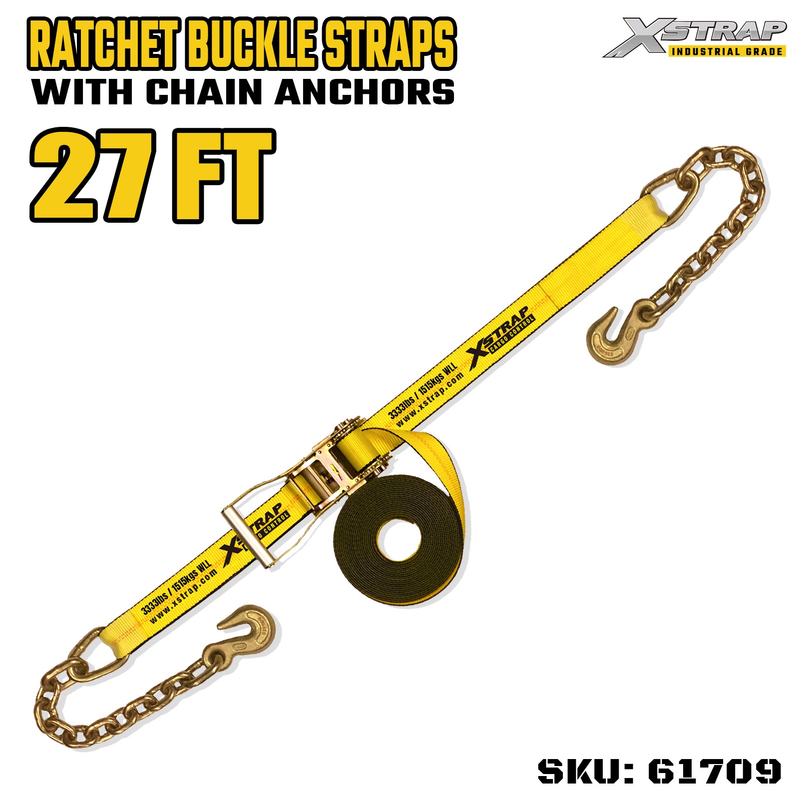 Xstrap 61709 Sangles à boucle à cliquet avec poignée large de 5,1 cm et 27 pieds de long avec crochets de chaîne, résistance à la rupture de 10 000 lb (paquet de 1)