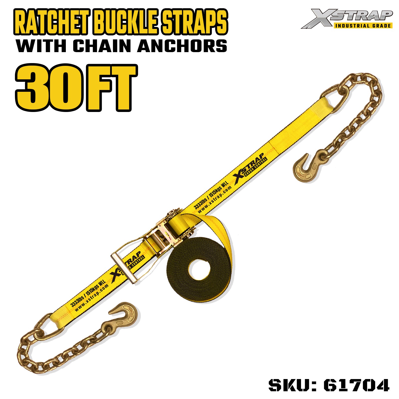 Xstrap 61704 Sangles à boucle à cliquet avec poignée large de 5,1 cm et 9,1 m de long avec crochets de chaîne, résistance à la rupture 4,5 kg (1 paquet)