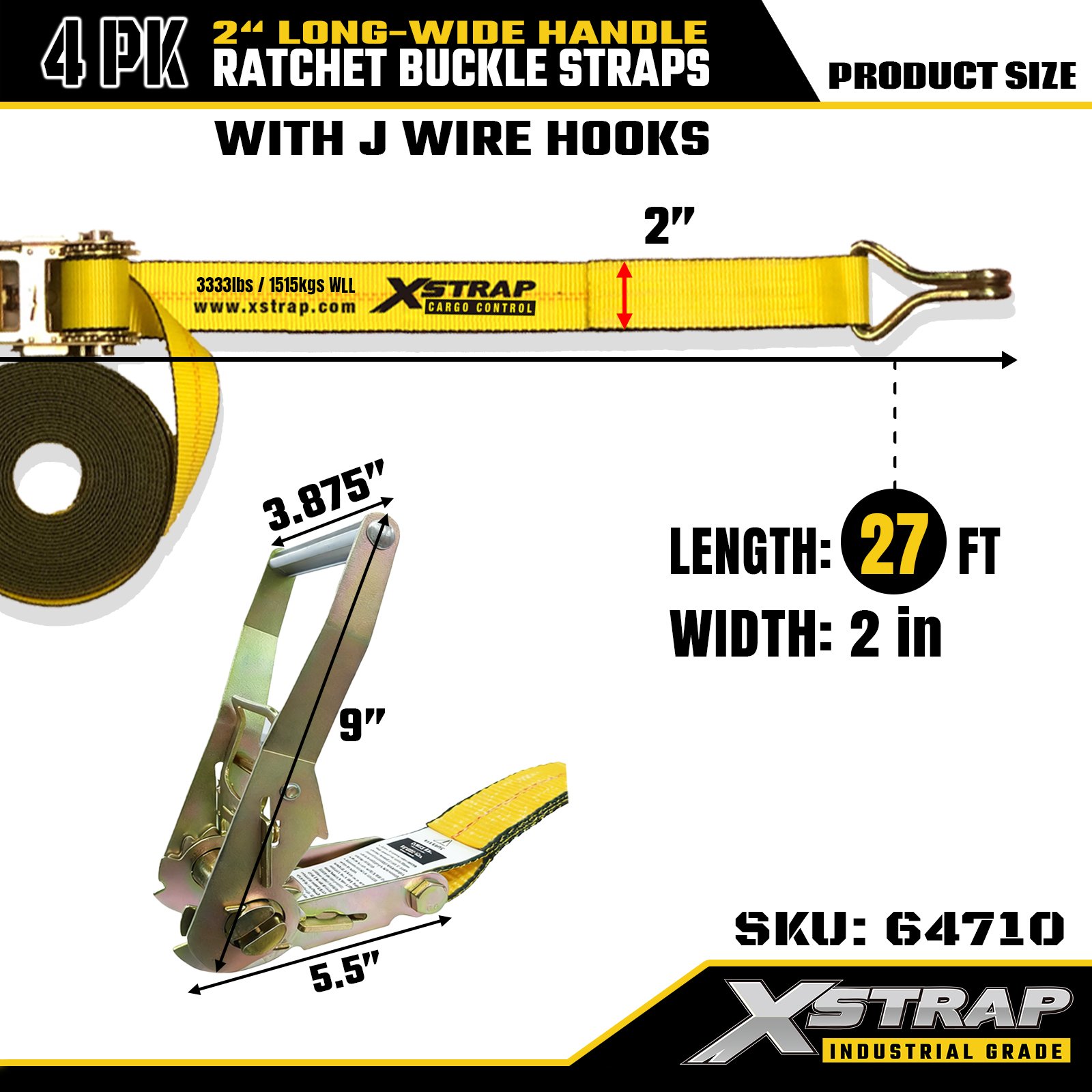 Xstrap 64710 Sangles à boucle à cliquet avec poignée large de 5,1 cm, 27 pieds de long, avec crochets métalliques, résistance à la rupture 10 000 lb (paquet de 4)