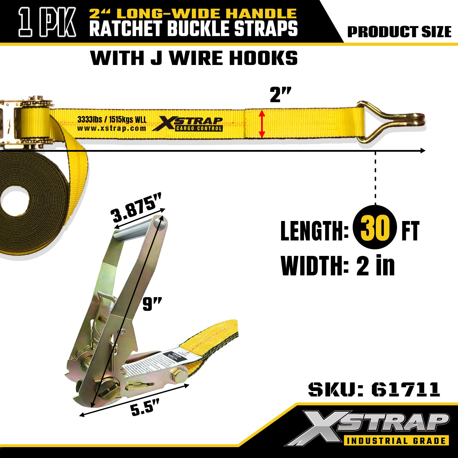 Xstrap 61711 Sangles à boucle à cliquet avec poignée large de 5,1 cm et 9,1 m de long avec crochets métalliques, résistance à la rupture 4,5 kg (lot de 1)