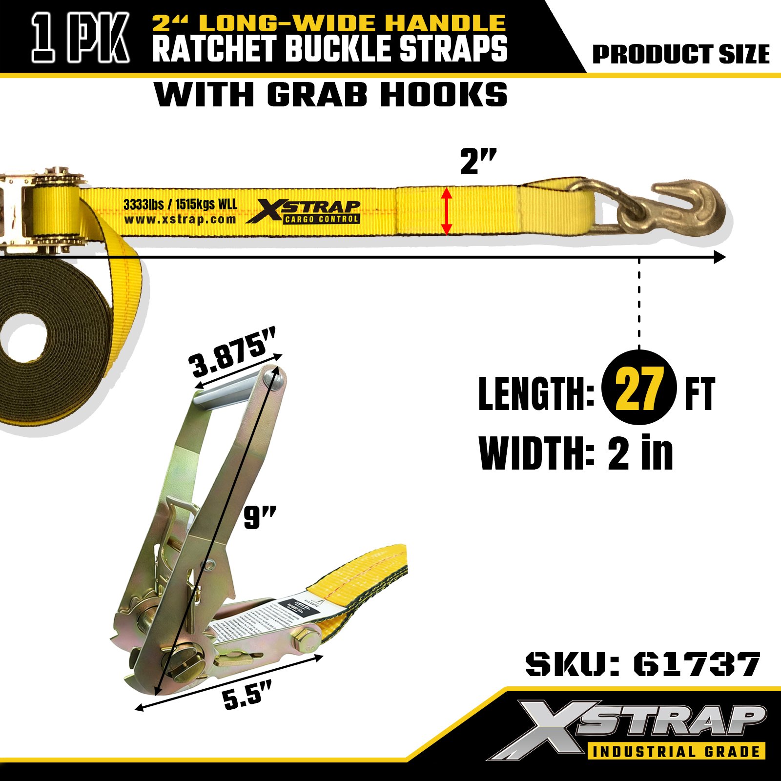 Xstrap 61737 Sangles à boucle à cliquet avec poignée large de 5,1 cm, 27 pieds de long, avec crochets en crabe, résistance à la rupture de 10 000 lb (paquet de 1)