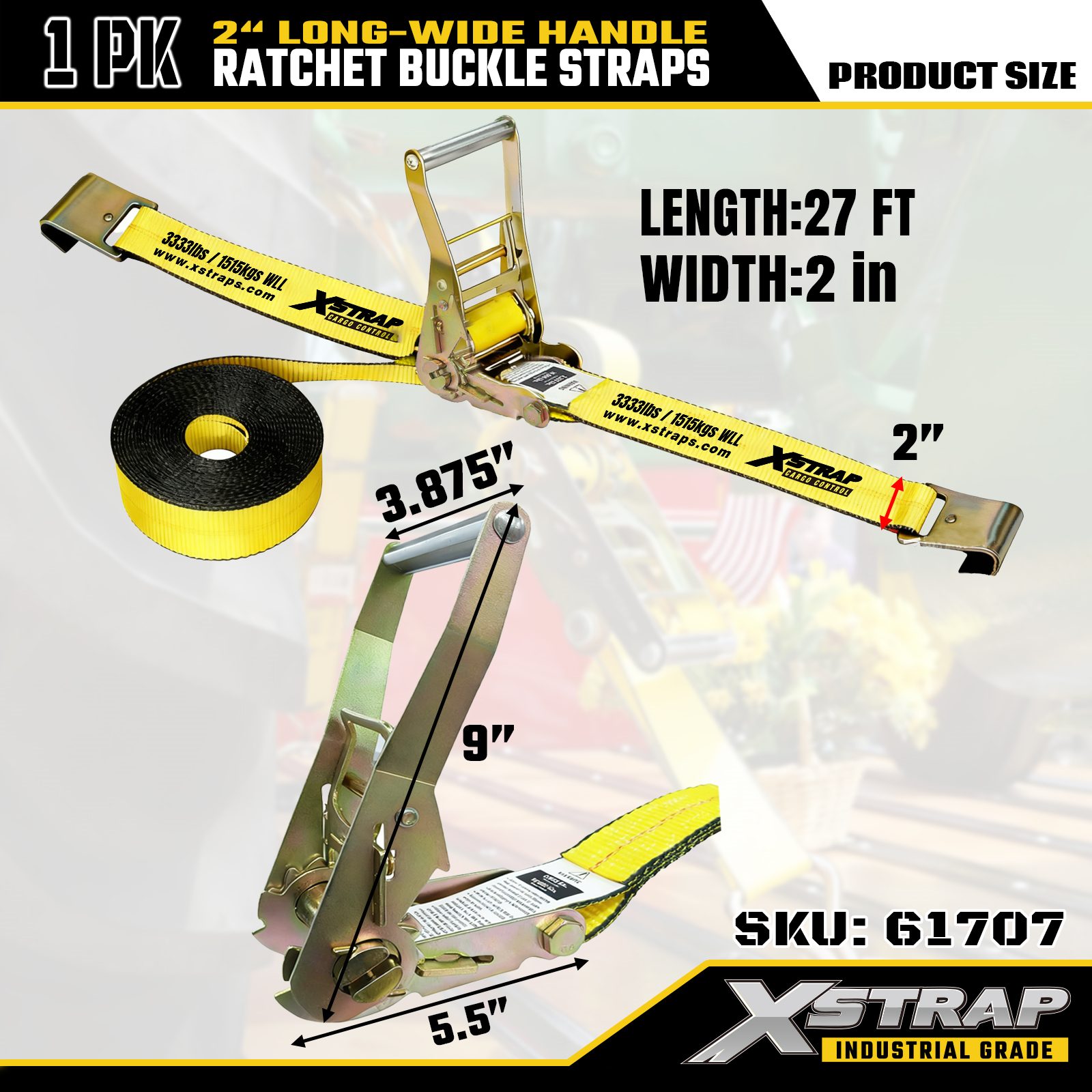 Xstrap 61707 Sangles à boucle à cliquet avec poignée large de 5,1 cm, 27 pieds de long, avec crochets plats, résistance à la rupture 10 000 lb