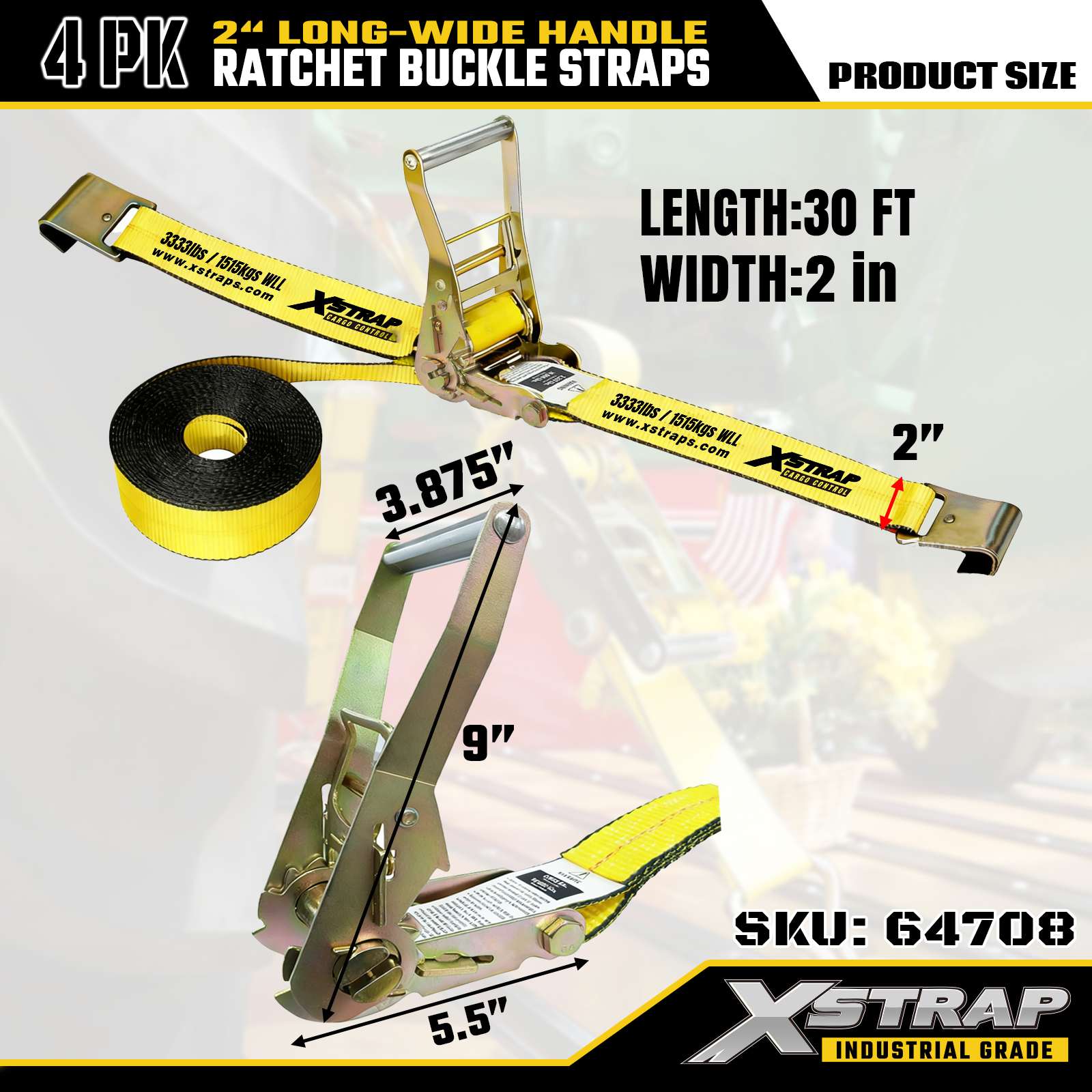 Xstrap 64708 Sangles à boucle à cliquet avec poignée large de 5,1 cm et 9,1 m de long avec crochets plats, résistance à la rupture de 4,5 kg (paquet de 4)