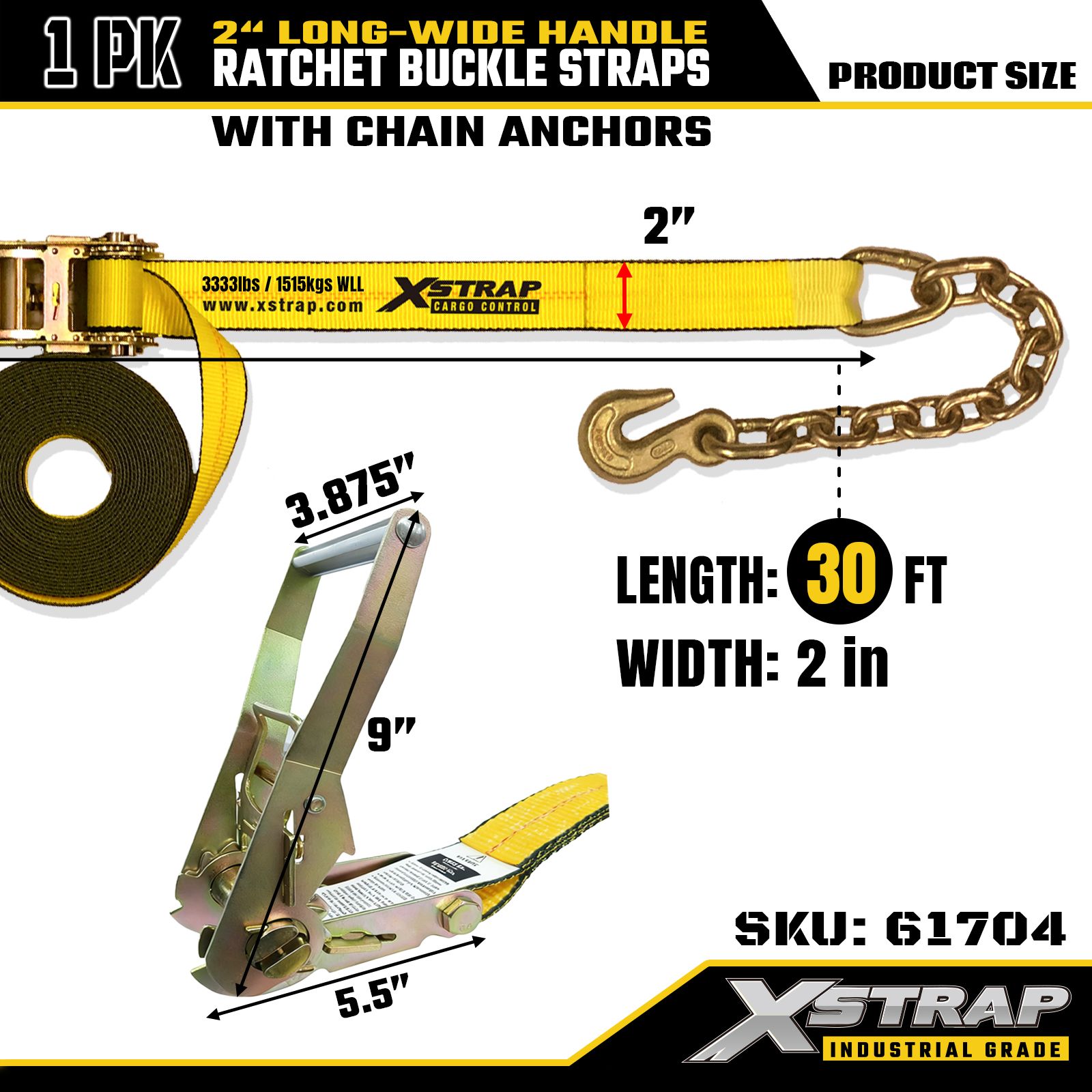 Xstrap 61704 Sangles à boucle à cliquet avec poignée large de 5,1 cm et 9,1 m de long avec crochets de chaîne, résistance à la rupture 4,5 kg (1 paquet)