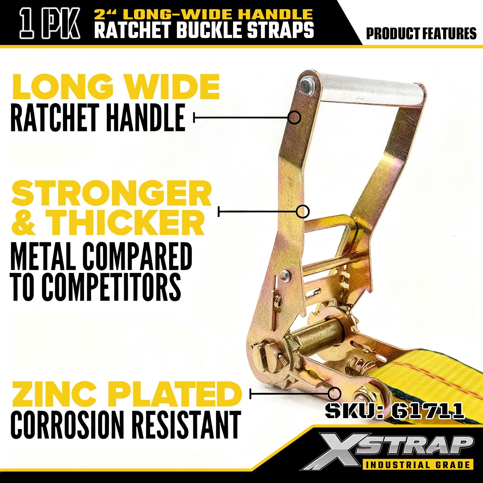 Xstrap 61711 Sangles à boucle à cliquet avec poignée large de 5,1 cm et 9,1 m de long avec crochets métalliques, résistance à la rupture 4,5 kg (lot de 1)