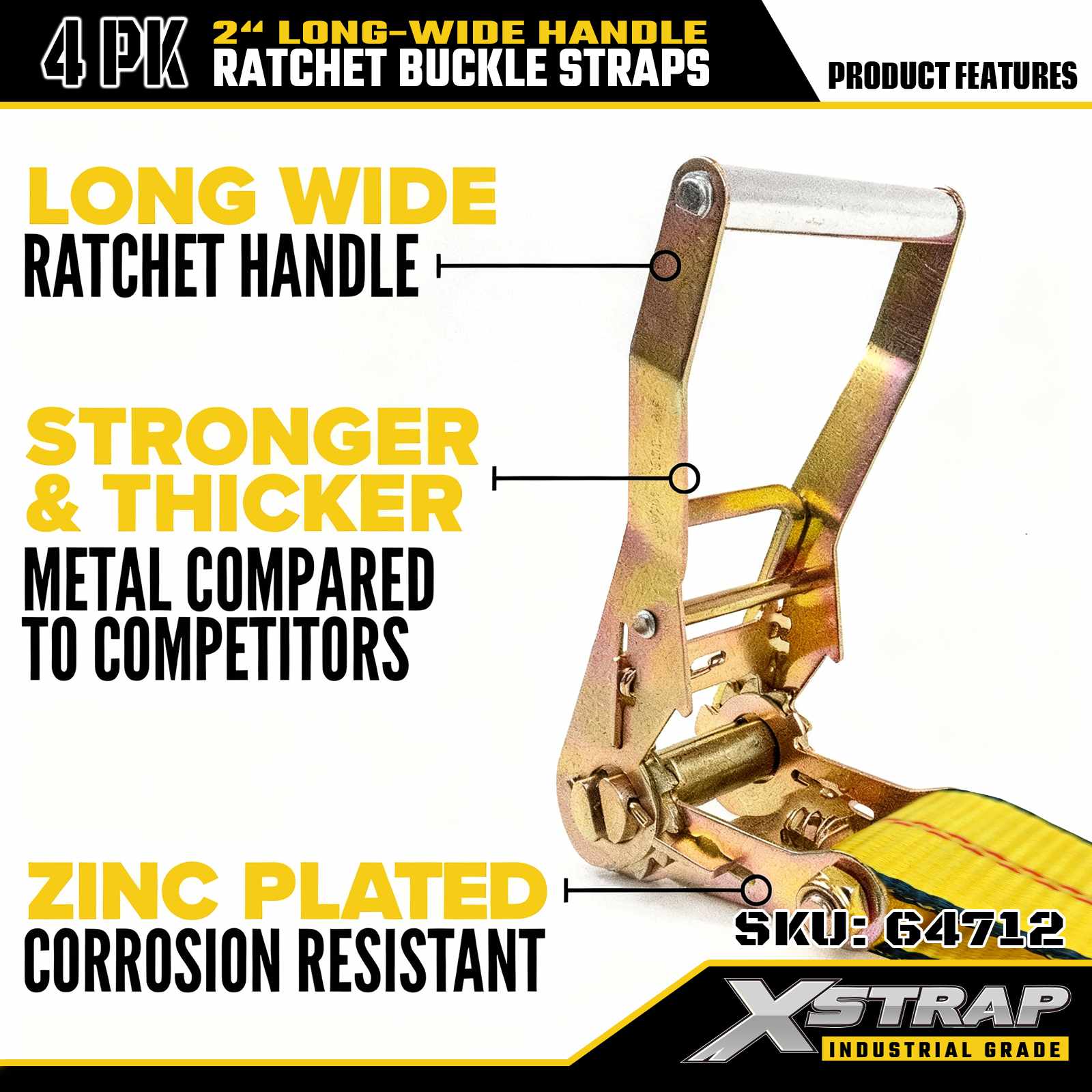 Xstrap 64712 Sangles à boucle à cliquet avec poignée large de 5,1 cm et 27 pieds de long avec crochets en crabe, résistance à la rupture de 4 500 kg (paquet de 4)