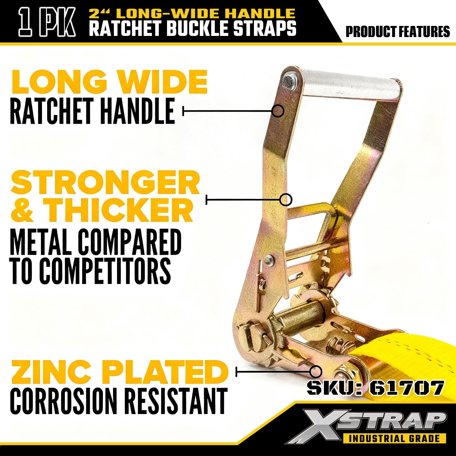 Xstrap 61707 Sangles à boucle à cliquet avec poignée large de 5,1 cm, 27 pieds de long, avec crochets plats, résistance à la rupture 10 000 lb