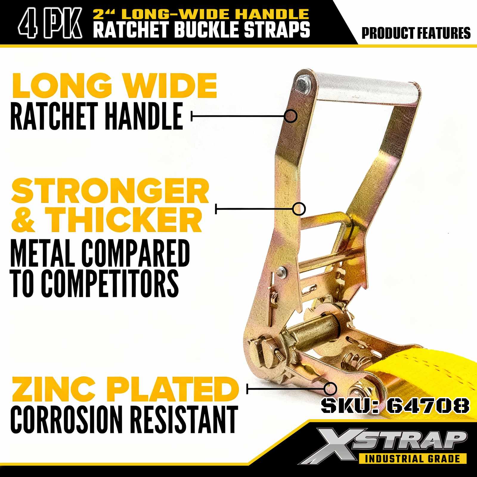 Xstrap 64708 Sangles à boucle à cliquet avec poignée large de 5,1 cm et 9,1 m de long avec crochets plats, résistance à la rupture de 4,5 kg (paquet de 4)