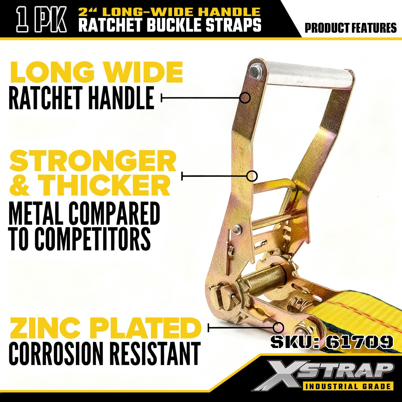 Xstrap 61709 Sangles à boucle à cliquet avec poignée large de 5,1 cm et 27 pieds de long avec crochets de chaîne, résistance à la rupture de 10 000 lb (paquet de 1)
