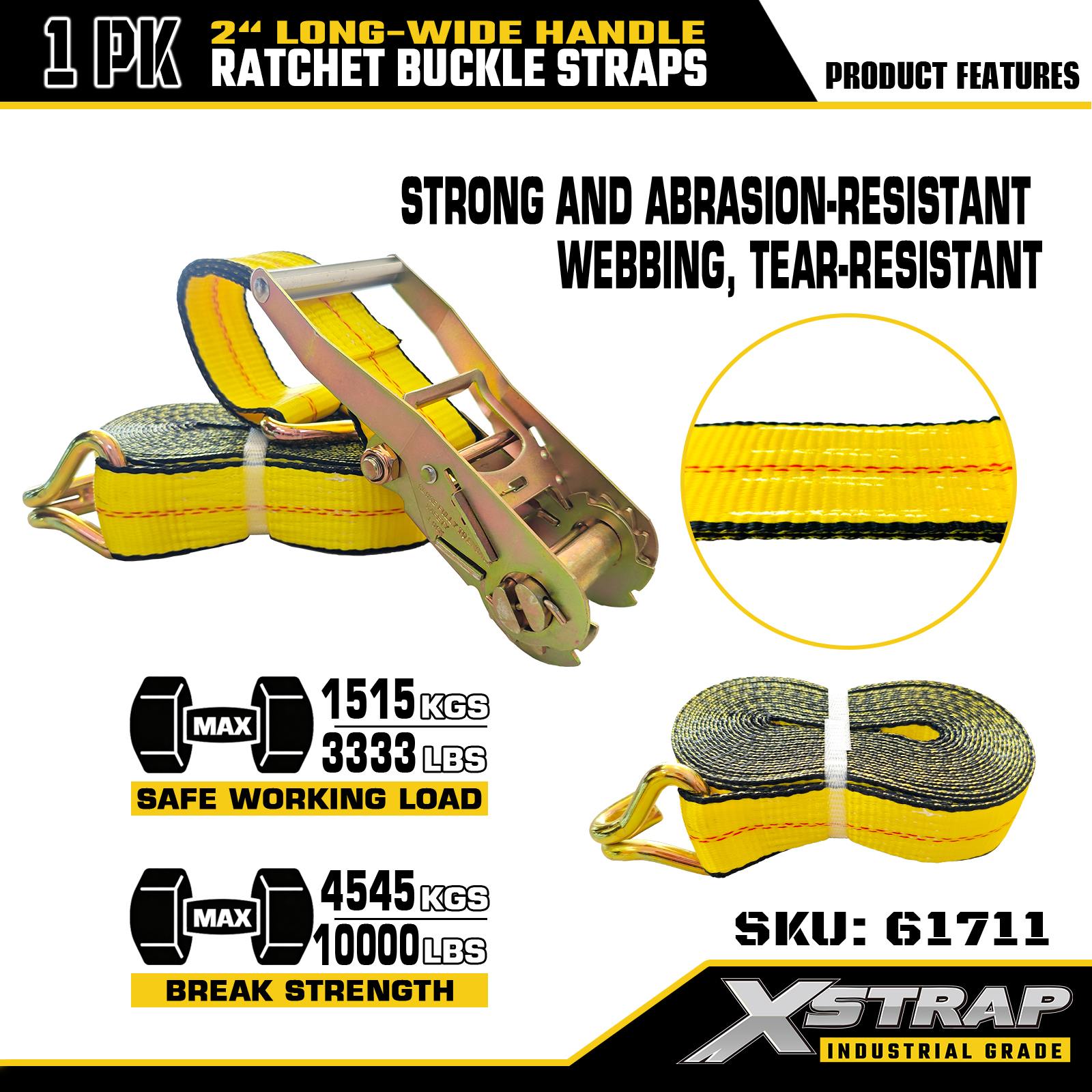 Xstrap 61711 Sangles à boucle à cliquet avec poignée large de 5,1 cm et 9,1 m de long avec crochets métalliques, résistance à la rupture 4,5 kg (lot de 1)