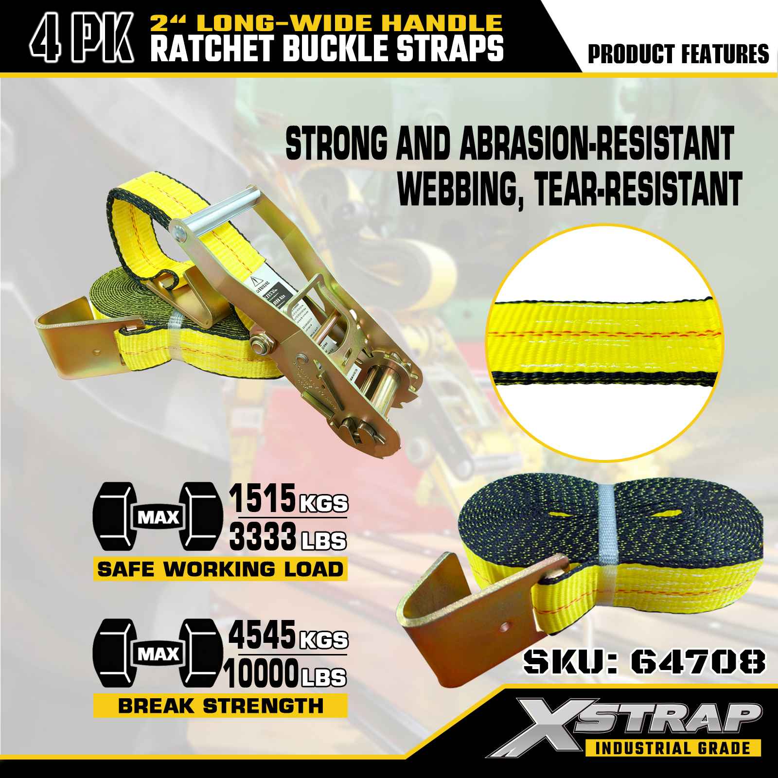 Xstrap 64708 Sangles à boucle à cliquet avec poignée large de 5,1 cm et 9,1 m de long avec crochets plats, résistance à la rupture de 4,5 kg (paquet de 4)