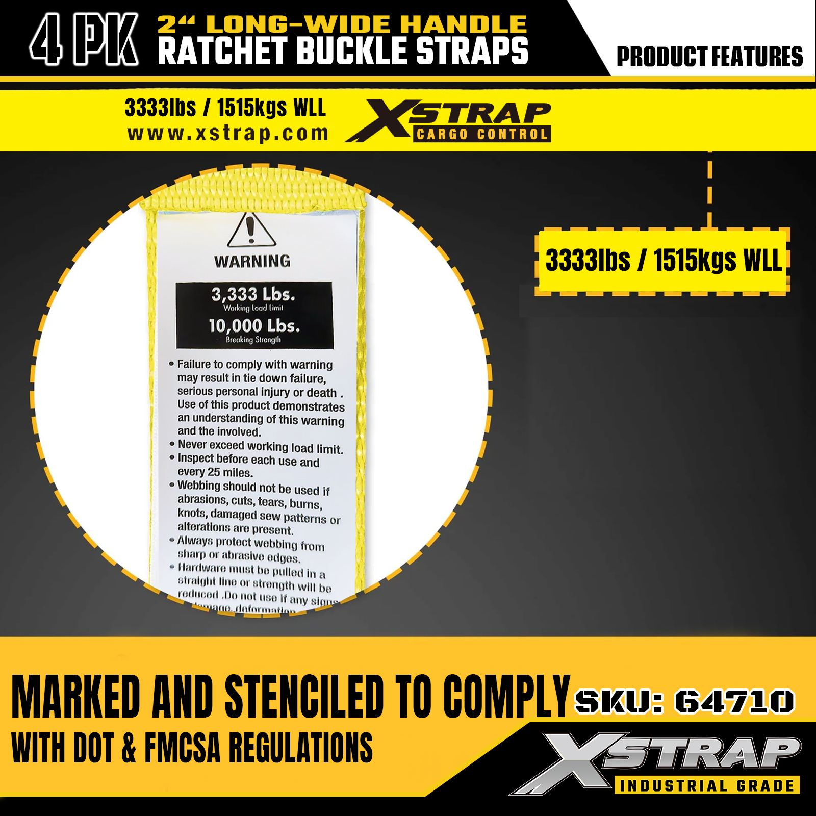 Xstrap 64710 Sangles à boucle à cliquet avec poignée large de 5,1 cm, 27 pieds de long, avec crochets métalliques, résistance à la rupture 10 000 lb (paquet de 4)