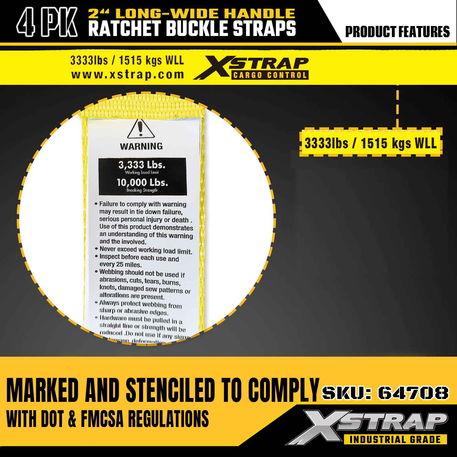 Xstrap 64708 Sangles à boucle à cliquet avec poignée large de 5,1 cm et 9,1 m de long avec crochets plats, résistance à la rupture de 4,5 kg (paquet de 4)