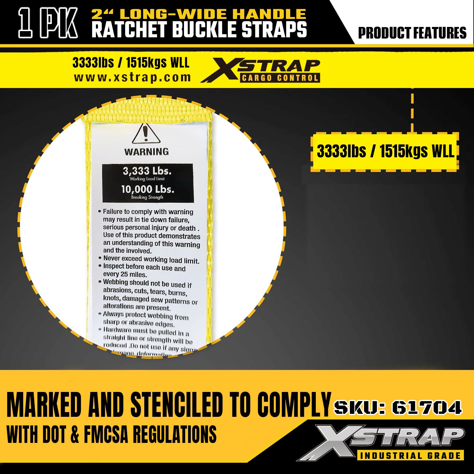 Xstrap 61704 Sangles à boucle à cliquet avec poignée large de 5,1 cm et 9,1 m de long avec crochets de chaîne, résistance à la rupture 4,5 kg (1 paquet)