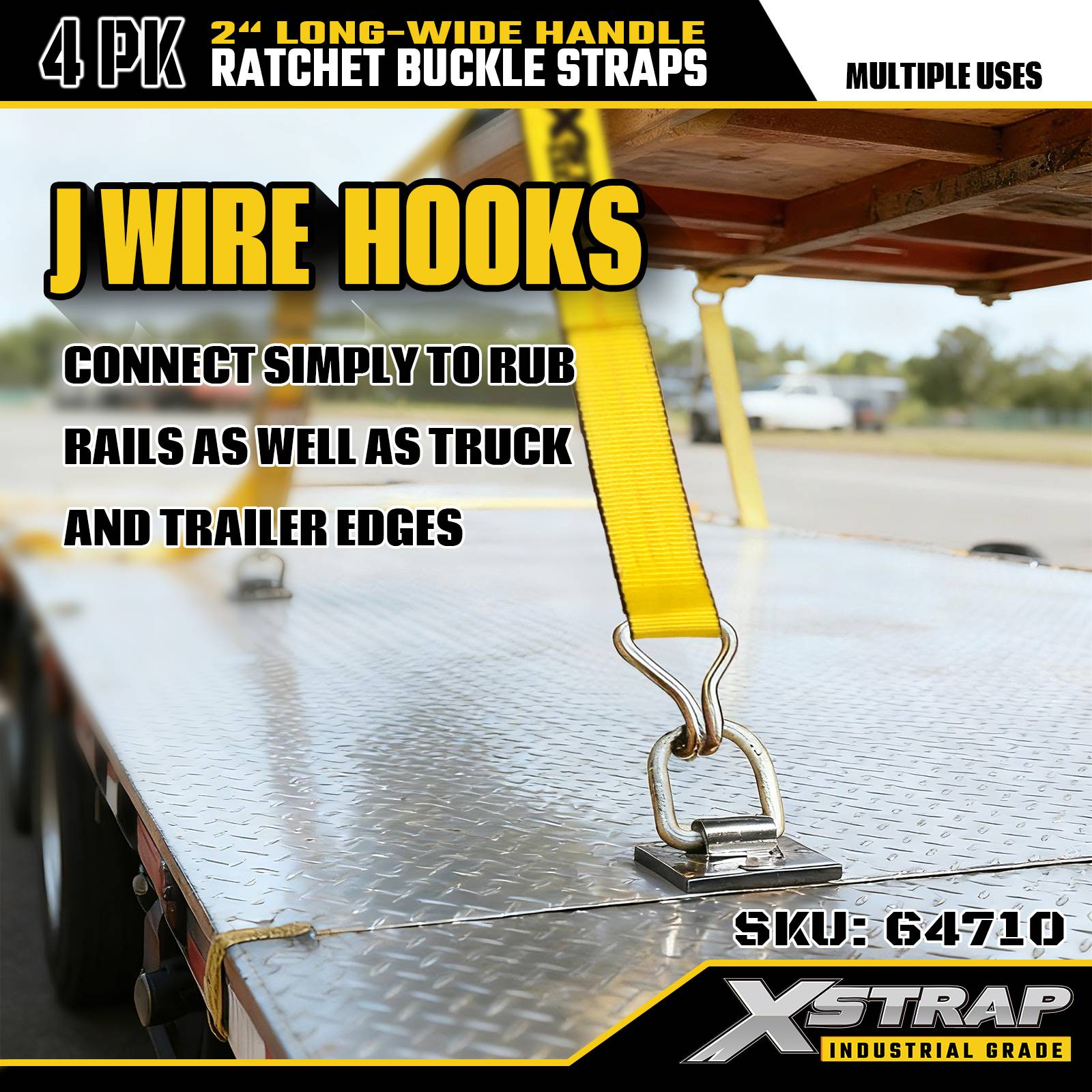 Xstrap 64710 Sangles à boucle à cliquet avec poignée large de 5,1 cm, 27 pieds de long, avec crochets métalliques, résistance à la rupture 10 000 lb (paquet de 4)