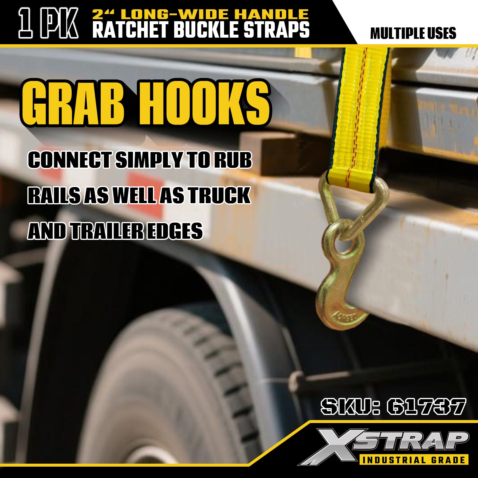 Xstrap 61737 Sangles à boucle à cliquet avec poignée large de 5,1 cm, 27 pieds de long, avec crochets en crabe, résistance à la rupture de 10 000 lb (paquet de 1)