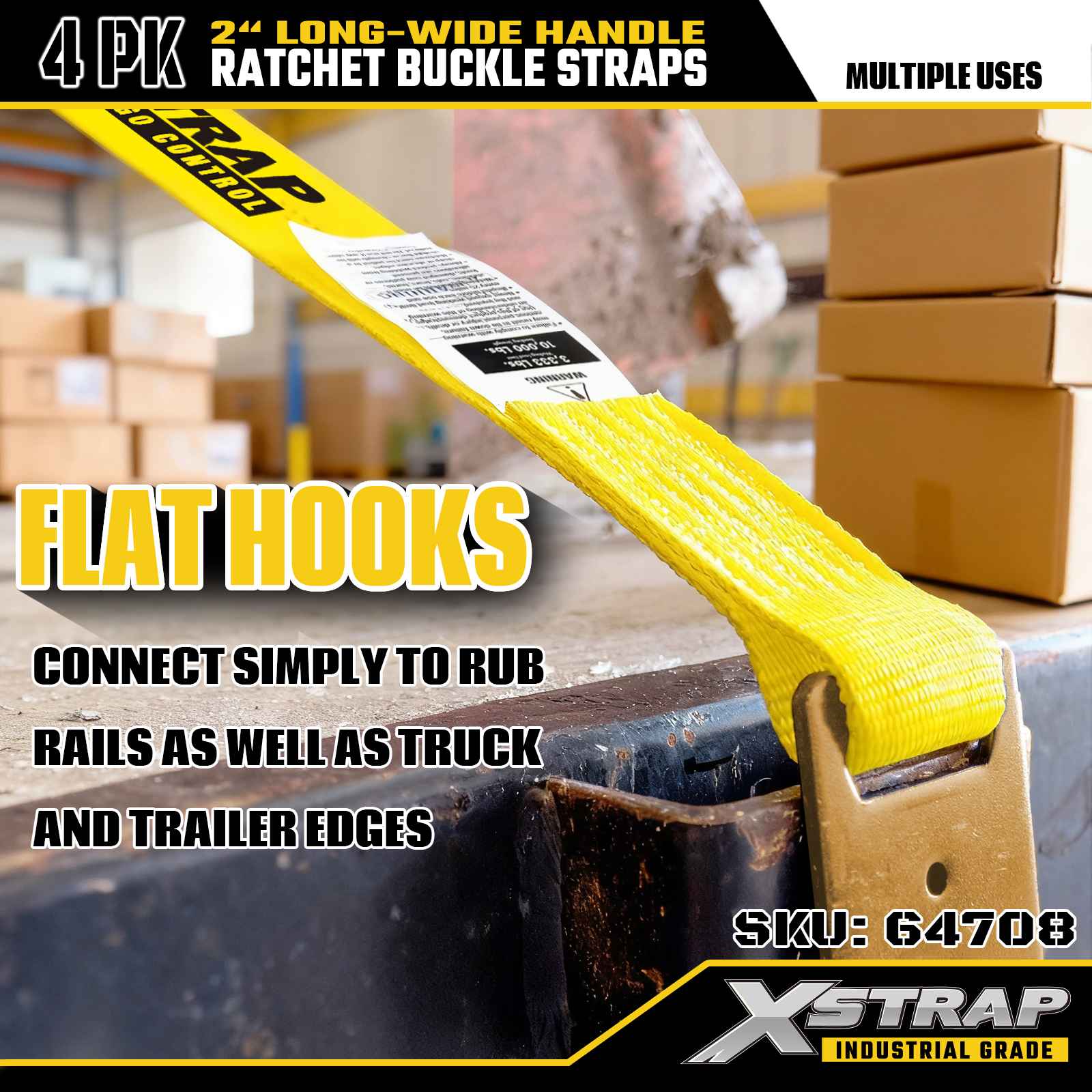Xstrap 64708 Sangles à boucle à cliquet avec poignée large de 5,1 cm et 9,1 m de long avec crochets plats, résistance à la rupture de 4,5 kg (paquet de 4)