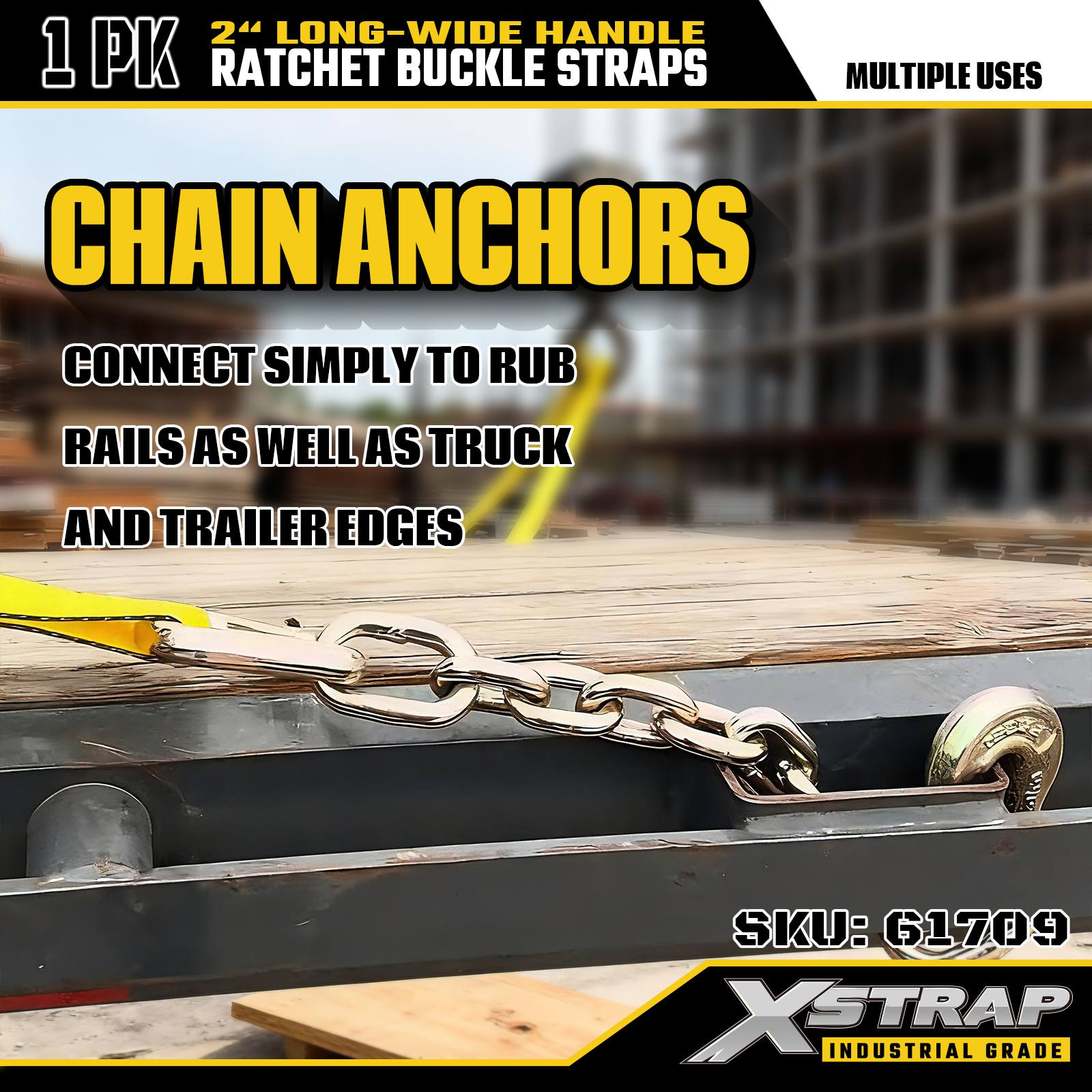 Xstrap 61709 Sangles à boucle à cliquet avec poignée large de 5,1 cm et 27 pieds de long avec crochets de chaîne, résistance à la rupture de 10 000 lb (paquet de 1)