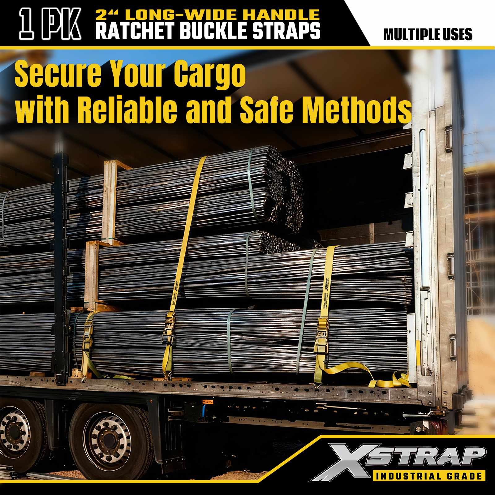 Xstrap 61711 Sangles à boucle à cliquet avec poignée large de 5,1 cm et 9,1 m de long avec crochets métalliques, résistance à la rupture 4,5 kg (lot de 1)