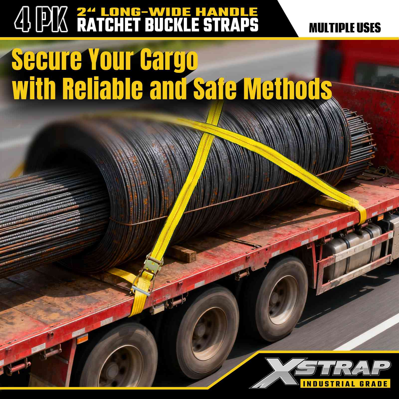 Xstrap 64712 Sangles à boucle à cliquet avec poignée large de 5,1 cm et 27 pieds de long avec crochets en crabe, résistance à la rupture de 4 500 kg (paquet de 4)