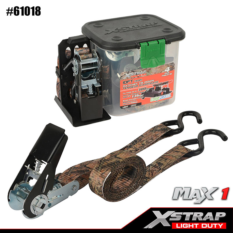 L'arrimage à cliquet camouflage Xstrap mesure 1 po X 10 pi, la charge de travail sûre est de 300 lb et la résistance à la rupture est de 900 lb